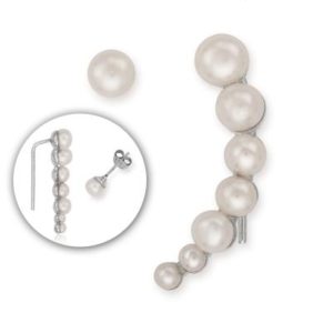 Sterling Silver Pearl Climber and One Pearl Stud Earrings