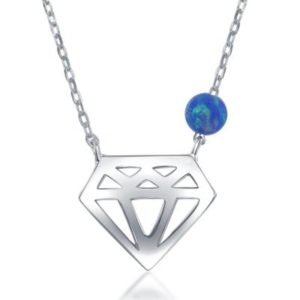 Sterling Silver Diamond Cut Out with Opal Bead Necklace