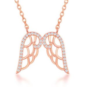 Rose Gold Overlay on Sterling Silver Angel Wing Necklace with Synthetic Diamonds