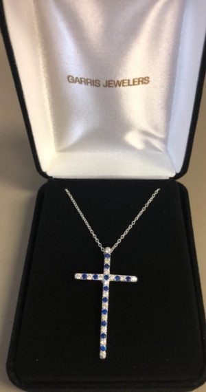 Sterling Silver Cross with Cubic Zirconium and Created Sapphire Necklace