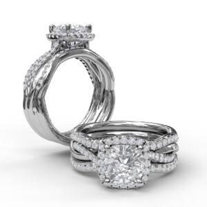 Halo Engagement Ring With Criss Cross Diamond Band