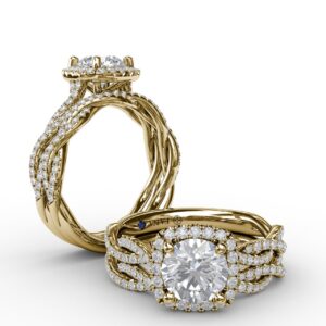 Classic Cushion Diamond Halo Engagement Ring With Cathedral Twist Diamond Band