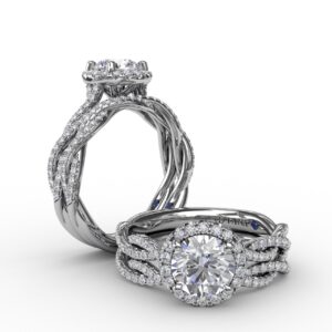 Classic Round Diamond Halo Engagement Ring With Cathedral Twist Diamond Band