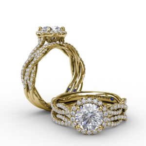 Classic Round Diamond Halo Engagement Ring With Cathedral Twist Diamond Band