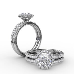 Classic Diamond Halo Engagement Ring With Diamond Band