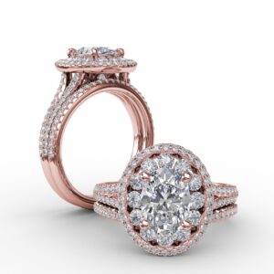 Double Halo Round Diamond Engagement Ring With Split Diamond Shank