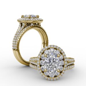 Double Halo Round Diamond Engagement Ring With Split Diamond Shank