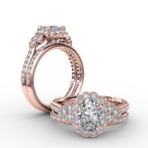 Scalloped Halo Engagement Ring With Diamond Clusters and Milgrain Details