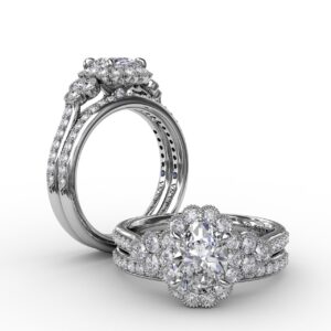 Scalloped Halo Engagement Ring With Diamond Clusters and Milgrain Details