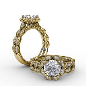 Round Diamond Engagement Ring With Floral Halo and Milgrain Details