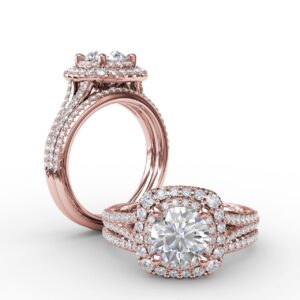 Cushion-Shaped Double Halo Pav?? Diamond Engagement Ring with Split Shank