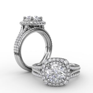 Cushion-Shaped Double Halo Pav?? Diamond Engagement Ring with Split Shank