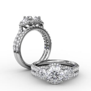 Three-Stone Round Diamond Halo Engagement Ring