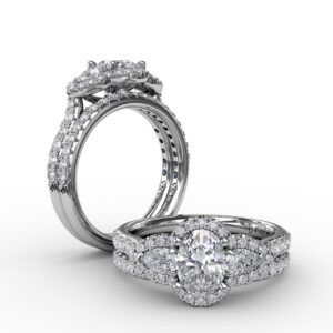 Three-Stone Round Diamond Halo Engagement Ring