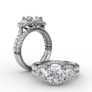 Three-Stone Round Diamond Halo Engagement Ring