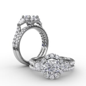 Three-Stone Diamond Halo Engagement Ring With Pear-Shape Side Stones