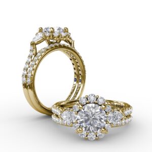 Three-Stone Diamond Halo Engagement Ring With Pear-Shape Side Stones