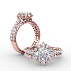 Angled Cushion-Shaped Diamond Halo Engagement Ring With Diamond Band