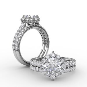 Angled Cushion-Shaped Diamond Halo Engagement Ring With Diamond Band