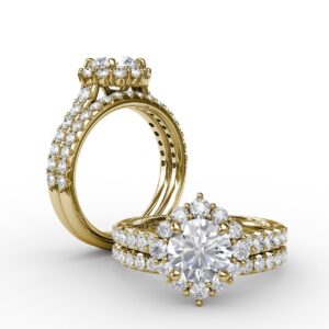 Angled Cushion-Shaped Diamond Halo Engagement Ring With Diamond Band