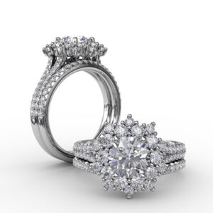 Contemporary Floral Halo Engagement Ring With Double-Row Pav?? Band