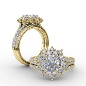 Contemporary Floral Halo Engagement Ring With Double-Row Pav?? Band