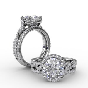 Contemporary Round Diamond Halo Engagement Ring With Twisted Vine Shank