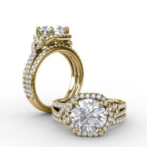 Contemporary Round Diamond Halo Engagement Ring With Couture Details