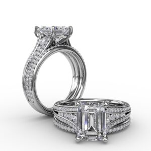 Contemporary Emerald Cut Diamond Solitaire Engagement Ring With Triple-Row Diamond Band