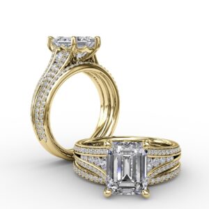 Contemporary Emerald Cut Diamond Solitaire Engagement Ring With Triple-Row Diamond Band