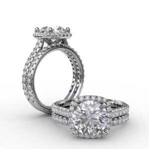 Cushion-Shaped Halo Diamond Engagement Ring with Diamond Band