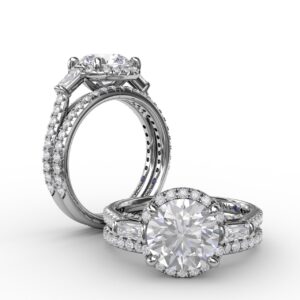 Vintage Round Diamond Halo Engagement Ring With Tapered Baguettes