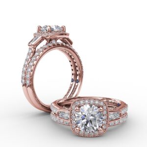 Three-Stone Diamond Halo Engagement Ring With Baguette Side Stones