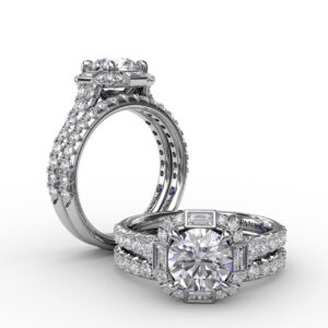 Cushion Shaped Diamond Halo Engagement Ring With Baguettes