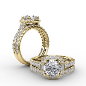 Cushion Shaped Diamond Halo Engagement Ring With Baguettes