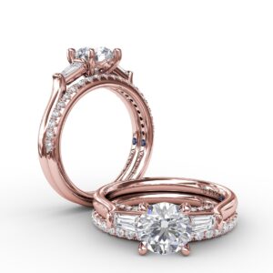 Three-Stone Round Diamond Engagement Ring With Bezel-Set Baguettes