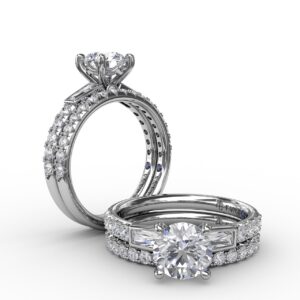 Three-Stone Round Diamond Engagement Ring With Bezel-Set Baguettes and Diamond Band