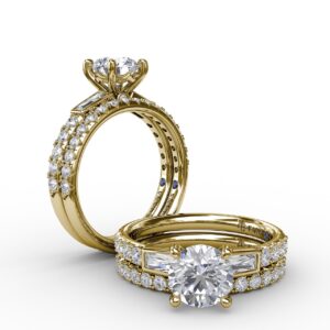 Three-Stone Round Diamond Engagement Ring With Bezel-Set Baguettes and Diamond Band