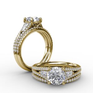 Three-Stone Round Diamond Engagement Ring With Split Diamond Shank and Baguette Side Stones