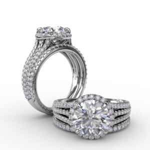 Round Diamond Halo Engagement Ring With Triple-Row Diamond Band