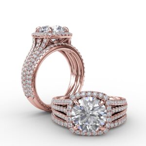 Round Diamond Engagement Ring With Cushion-Shaped Halo and Triple-Row Diamond Band