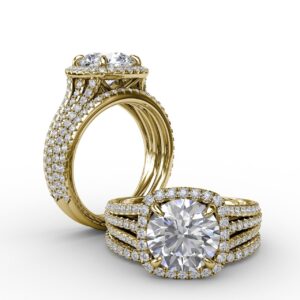 Round Diamond Engagement Ring With Cushion-Shaped Halo and Triple-Row Diamond Band