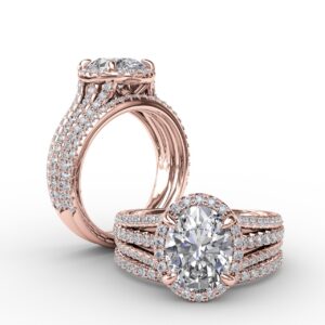 Oval Diamond Halo Engagement Ring With Triple-Row Diamond Band