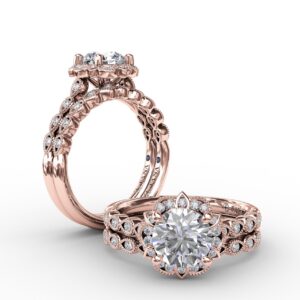 Round Diamond Engagement With Floral Halo and Milgrain Details