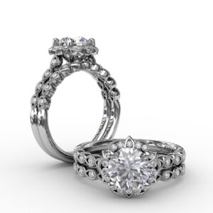 Round Diamond Engagement With Floral Halo and Milgrain Details