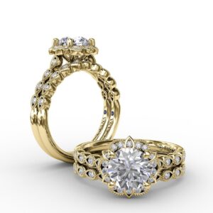 Round Diamond Engagement With Floral Halo and Milgrain Details