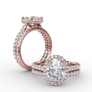 Oval Diamond Halo Engagement Ring With Diamond Band