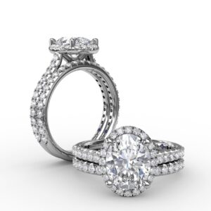 Oval Diamond Halo Engagement Ring With Diamond Band