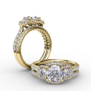 Three-Stone Round Diamond Halo Engagement Ring