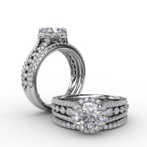 Classic Round Diamond Halo Engagement Ring With Triple-Row Diamond Band